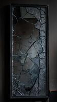 Broken mirror with cracked glass reflecting dim light in a dark room photo