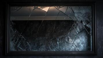 Cracked mirror reflection in dimly lit room showcasing intricate shattered patterns photo