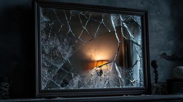 Crumpled reflection. Fractured vintage mirror against dark background with warm light glow photo