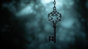 Vintage decorative key hanging in dark atmosphere with bokeh background photo