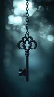 Vintage skeleton key hanging in mysterious atmosphere with bokeh background photo