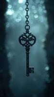 Vintage key hanging in mysterious light with glowing particles photo