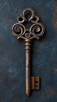 Antique ornate key with swirls and intricate design on dark textured background photo