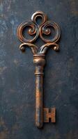 Ornate vintage key with intricate design on dark textured background photo