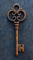 Vintage ornate key with intricate designs on a dark background photo