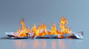 Burning crumpled paper flames against a gray background photo
