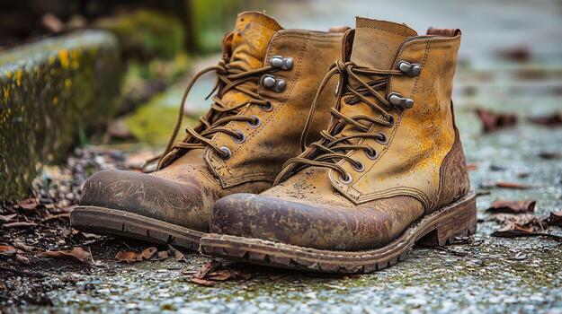 Worn brown boots with laces on a gravel path surrounded by fallen leaves photo