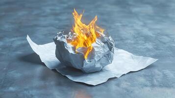 Crumbled paper ignited with bright flames on textured surface representing destruction and creativity photo
