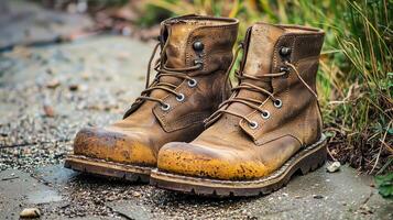Worn brown leather hiking boots on outdoor trail with grass and gravel photo