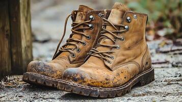 Well-worn brown leather boots with scuffed soles on a rustic trail background photo