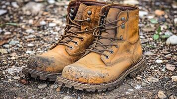 Worn brown work boots on rocky terrain with dirt and mud stains photo