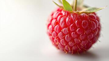 Close-up of a fresh raspberry with green leaves on a light background photo