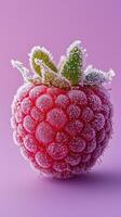 Frosted raspberry on a vibrant purple background capturing the beauty of winter produce photo