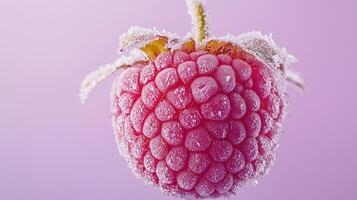 Close-up of a frosted raspberry with pink background showcasing fine details and texture photo