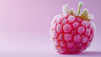 Frosted raspberry on pink background with icy crystals and glimmering sugar texture photo