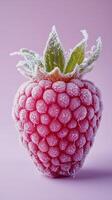 Frosted raspberry on pink background with iced details and green leaves photo