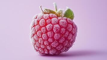 Frozen raspberry on pink background with frosty texture and green leaves photo