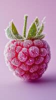 Frosted raspberry with green leaves on a pink background photo