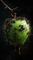 Green apple infested with insects hanging from a branch in dark surroundings photo
