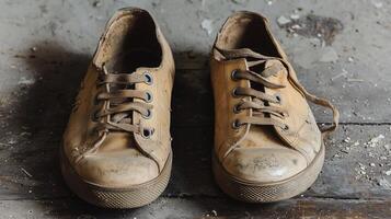 Worn out yellow sneakers on a dusty floor photo