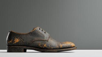 Worn-out vintage leather men's shoe with scuffed surface on neutral background photo