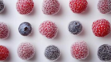 Frozen raspberries and blueberries on white background for healthy eating concepts photo