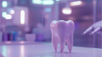 Futuristic dental concept with glossy tooth on sleek table in modern clinic lighting photo