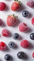 Fresh frozen berries with glazing sugar. Raspberries, strawberries, and blueberries on white background photo