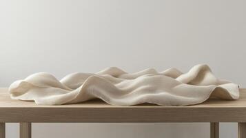 Elegant beige fabric draped on wooden surface showcasing textures and minimalism concept photo