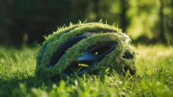 Nature-inspired bicycle helmet with grass texture in sunlit forest setting photo