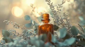 Aromatherapy concept with amber bottle in natural botanical setting photo