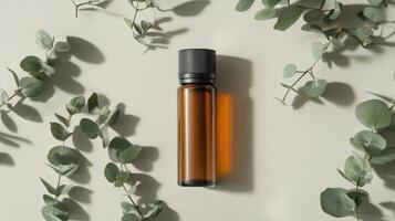 Brown essential oil bottle with eucalyptus leaves on light background for aromatherapy concept photo