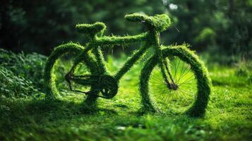 Eco-friendly bicycle concept featuring grass-covered frame in natural setting photo