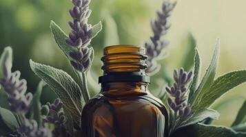 Aromatherapy oil bottle with fresh lavender blossoms and leaves photo