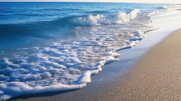 Serene ocean waves gently caressing sandy beach at sunrise capturing tranquility photo