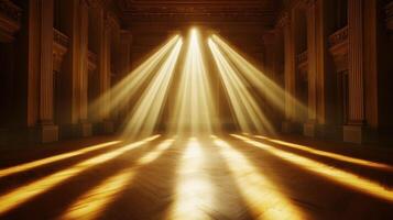 Sunrays illuminate historic hall with elegant columns and wooden floor photo