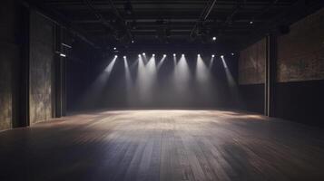 Empty theater stage with dramatic lighting in dark ambience concept photo