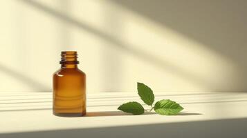 Amber glass bottle with green leaves on sunlit surface for aromatherapy concept photo
