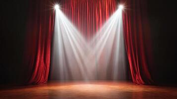 Red theater curtains illuminated by spotlights on an empty stage creating dramatic ambiance photo