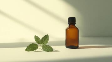 Amber essential oil bottle with fresh green leaves on light background photo