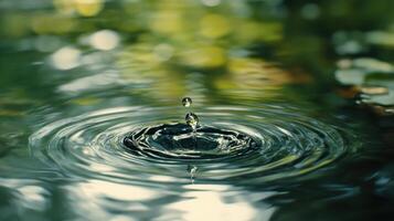 Captivating water droplet causing ripples in a tranquil pond scene photo