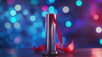 Shiny silver trophy with red ribbon on colorful bokeh background photo