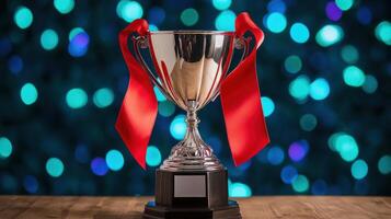 Shiny silver trophy with red ribbons on wooden table against blue bokeh background photo