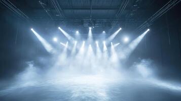 Illuminated stage with bright spotlights and mystical fog in empty theater hall photo