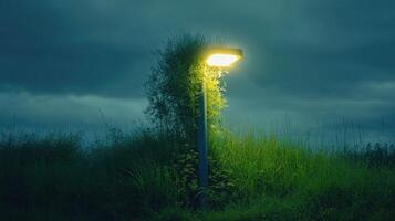 Streetlight illuminating overgrown grass at night with moody sky photo