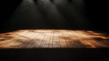 Empty wooden stage illuminated by dramatic spotlight in dark theater room photo