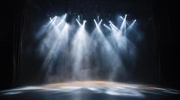 Dramatic theater stage with spotlights and smoke creating a captivating atmosphere photo