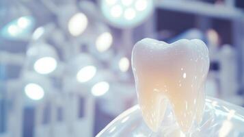 Glossy 3d tooth model in modern dental clinic with bokeh background photo