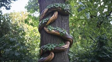 Majestic tree with intricate vine patterns in lush forest setting photo