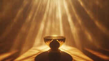 Golden chalice bathing in radiant sunlight with mystical atmosphere photo